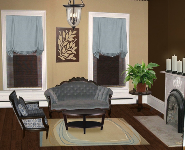 dekopflanze cheminée canapé avec fauteuil peinture rideaux