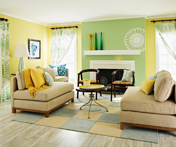 σαλόνι-χρώμα σχεδιασμού-κίτρινο-πράσινο συνδυασμό χαλί