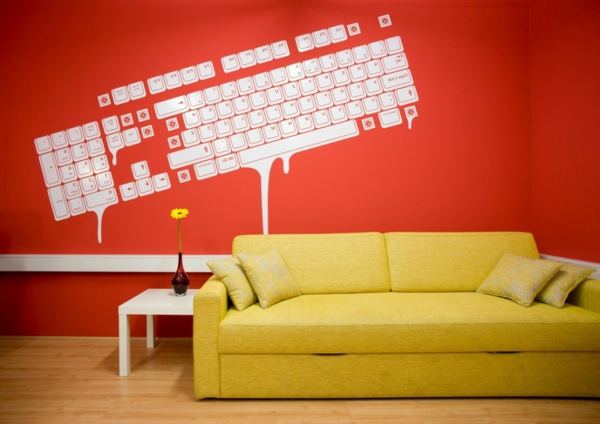 хол-дизайн-дневна-настройка einrichtugsideen-дневна-модерен дизайн стена-жълто-диван-червено-стена