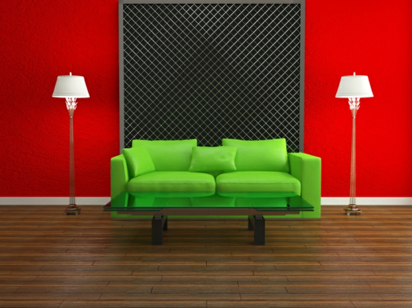 хол-дизайн-дневна-настройка einrichtugsideen-дневна-модерен дизайн стена-червено-зелено-стена диван