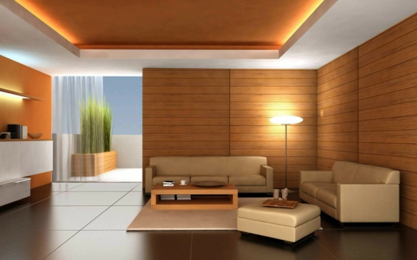 Дървени стени и осветление в хола
