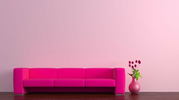 olohuone kaunis seinämaalaus vaaleanpunainen sohva, ruusut sen vieressä