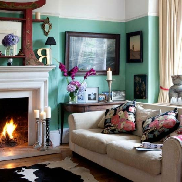 Diseño de sala de estar moderno - paredes de pintura en color blanco y turquesa