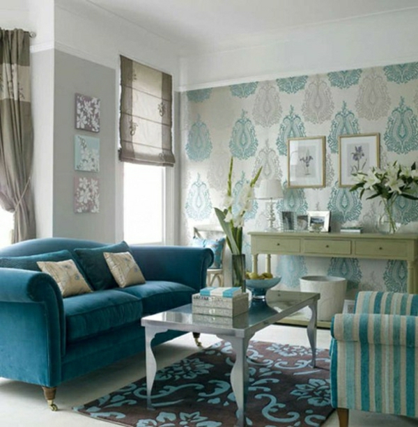 sala de estar wallpaper-enfriamiento-colores-azul-blanco