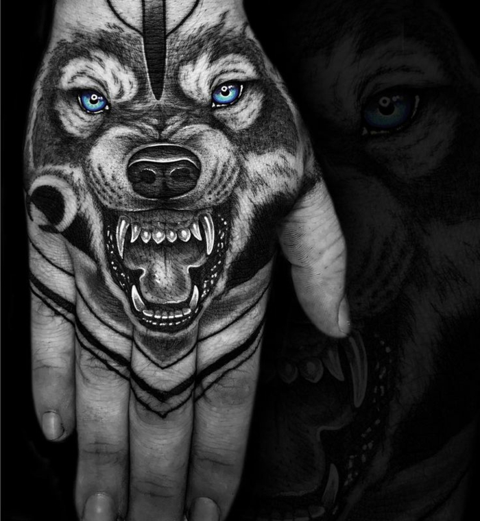 ovdje je crni zubi - vuk s lijepim plavim očima - ideja za tetovažu vukova pri ruci