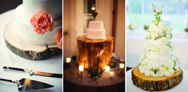 celebración de la boda de madera - tres hermosas biler de pasteles
