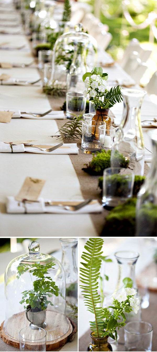 رائعة-ديكو-أفكار لرأس الطاولة مع والأخضر والنباتات في ونظارات وعلى رأس جدول حديقة الأحزاب تصميم الأفكار