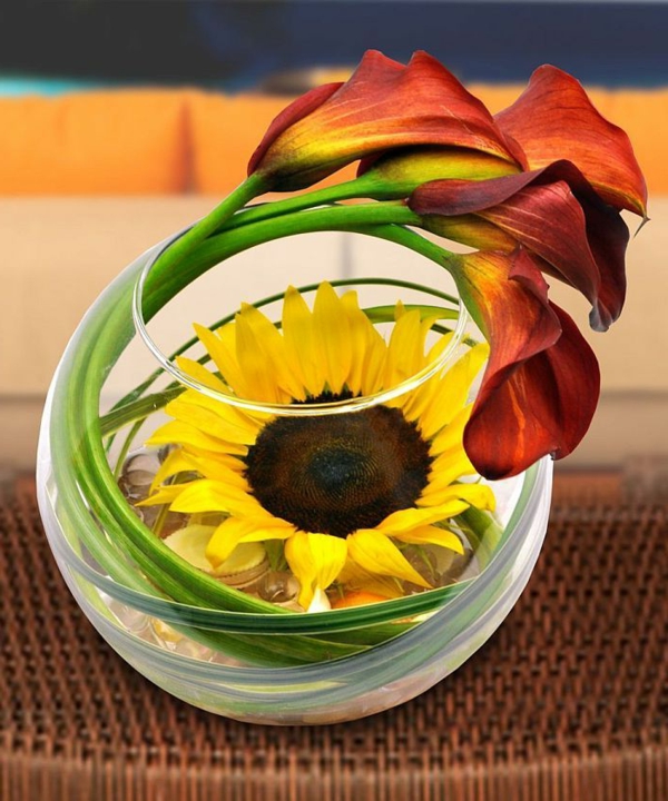 رائع-tischdeko-مع الزهور الجميلة والأصفر، زهرة ترتيبات في أصفر عباد الشمس في والزجاج