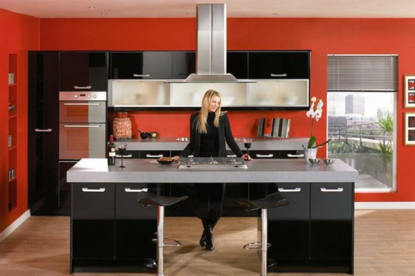 красив-червено-кухня-стена цвят-черен-мебели