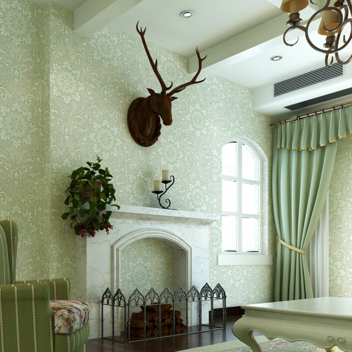 lijep interijer kaminom i elegantna zavjese zid ukras jelena glavu aristokratska-stolica berba pozadinu