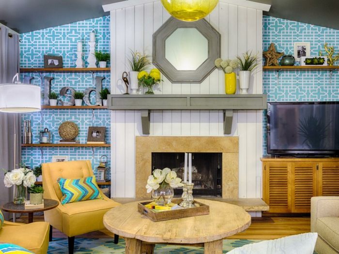 סלון פן יפה טפט רטרו כחול כפר שולחן סלון אח טלביזיה מודרני רהיטים
