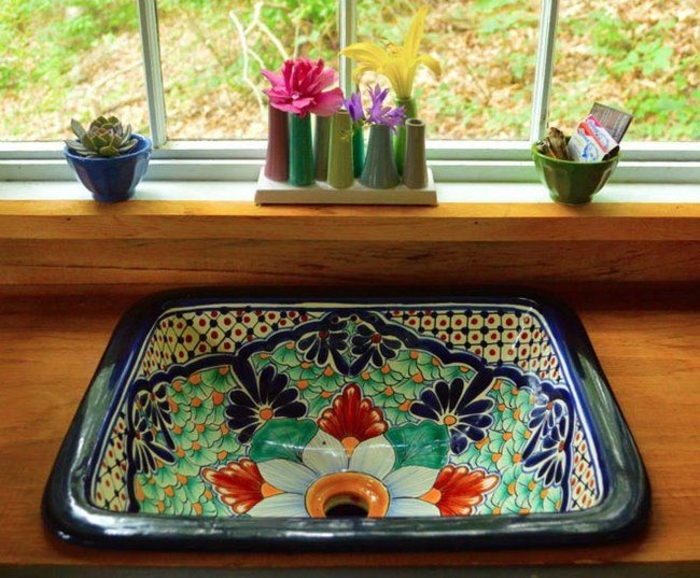 gyönyörű mexikói kerámia mosogatók Virág Fürdőszoba ötletek