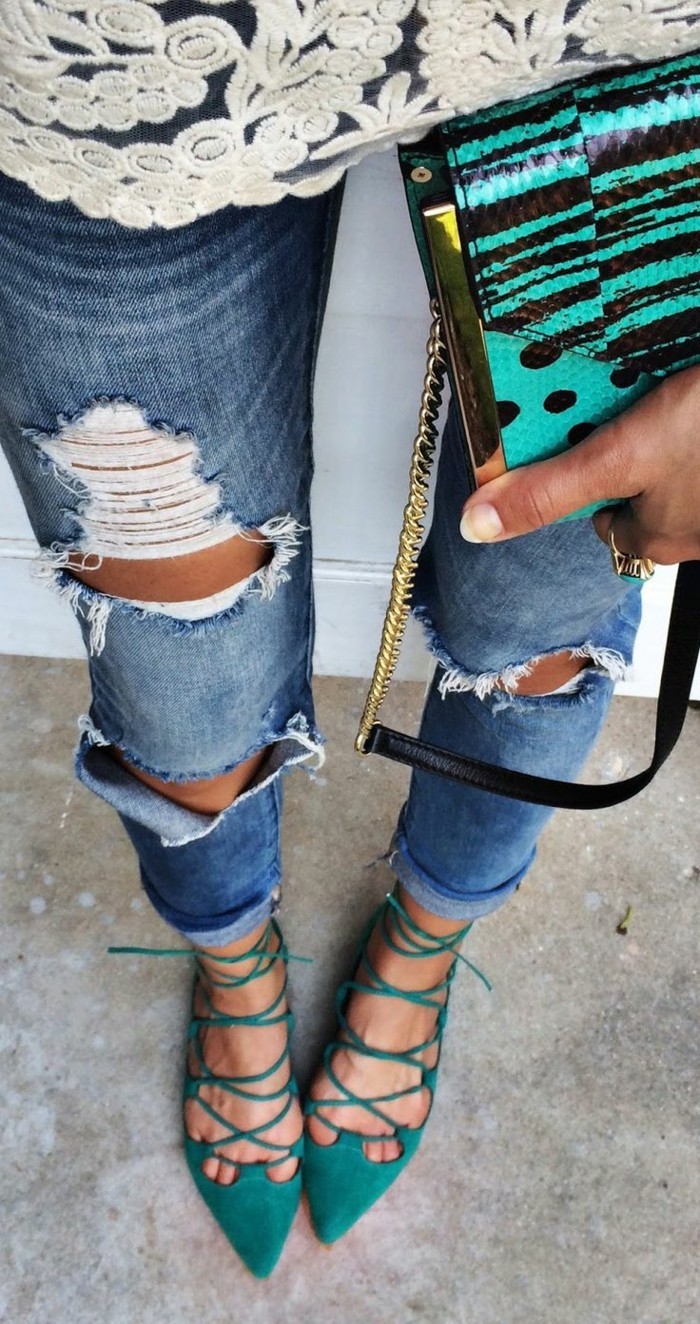 effet Jeans Ripped plein d'embrayage belles chaussures vertes