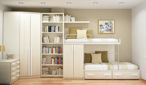 habitación-diseño-ideas-habitación de niños blancos con la cama alta y biblioteca blanca