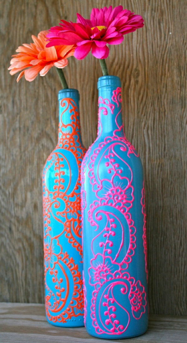 Бутилка вино къна тюркоазено синьо-оранжев коралов Pink Flower гербер