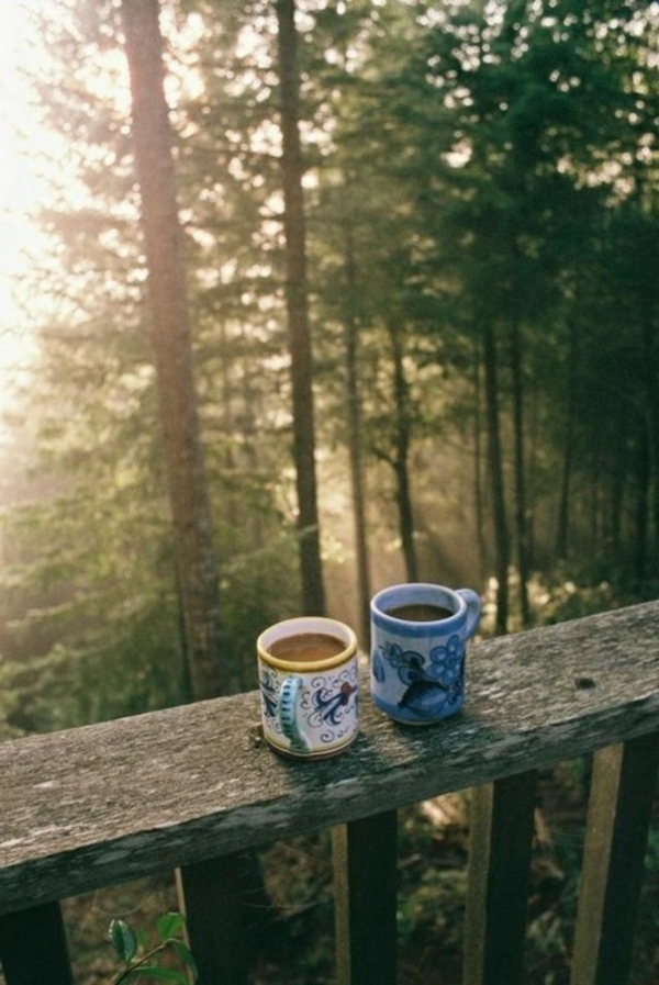 dvije šalice za kavu-na-drvenom-terase-u-šumi