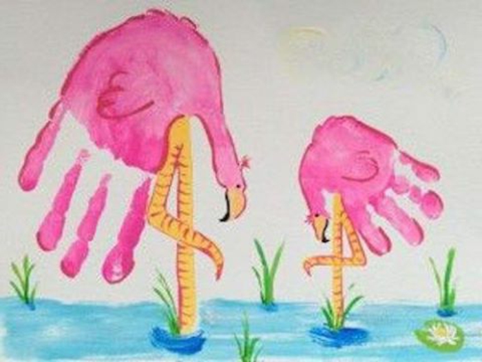 两个粉红色的火烈鸟 - 手印图片